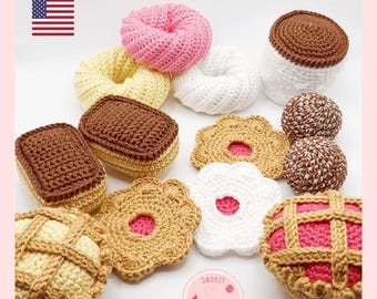 May include: Crochet pattern for a set of 10 different bakery-themed amigurumi toys. The set includes a donut, a cookie, a pie, a cake, and more. The toys are all made with different colors of yarn and have realistic details.