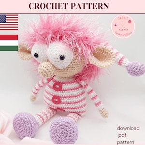 May include: A handmade crochet doll with a whimsical design. The doll features a pink fluffy head, large white eyes, and a striped pink and white body. It has large, round, lavender feet and arms. The image includes the text "CROCHET PATTERN".