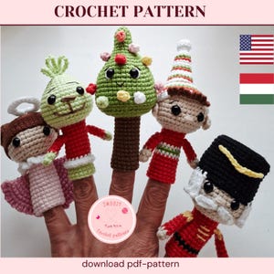 Peut inclure: Des marionnettes à doigts au crochet faites à la main, dont un sapin de Noël, un ange et un casse-noisette. Les marionnettes sont de différentes couleurs, avec des traits du visage et des vêtements détaillés. Le texte "CROCHET PATTERN" est en haut.