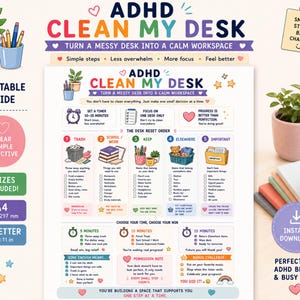 Op de afbeelding: Een printbare ADHD Clean My Desk gids met een vijfstappenplan voor het opruimen van een bureau, tijdsgebonden taken en checklists. Het document bevat kleurrijke iconen, tekstinstructies en een lay-out voor A4 en 8,5 x 11 inch papierformaten.