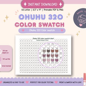 Puede incluir: Una tabla de muestras de color Ohuhu 320 imprimible en papel tamaño US Letter, 21,6 x 27,9 cm. El diseño presenta una cuadrícula de muestras de color con el texto "OHUHU 320 COLOR SWATCH". Incluye el texto "Organizado y fácil de usar".