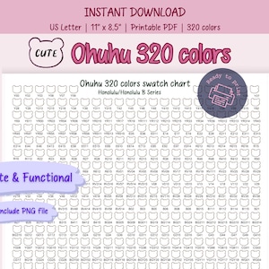 May include: A printable Ohuhu 320 colours swatch chart on US Letter 27.9 cm x 21.6 cm paper. The chart includes a grid of colour swatches with the text "Ohuhu 320 colours" and "Cute & Functional".