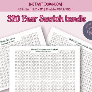 Op de afbeelding: Een bundel afdrukbare kleurstalenkaarten. De kaarten zijn gelabeld met "320 Bear Swatch bundle" en "Ohuhu 320 colors color swatch chart". De kaarten zijn ontworpen voor US Letter formaat, 21,6 x 27,9 cm papier, en zijn beschikbaar in PDF- en PNG-formaten.