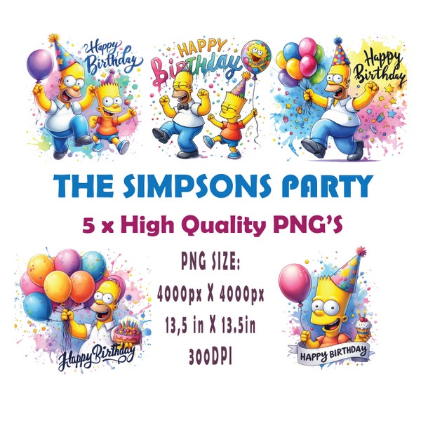 Simpsons Birthday x 5 Bundle PNG - Bart et Homer T-shirt design PNG, Décor de fête, Carte joyeux anniversaire, Cake topper, invitation, sac cadeau.