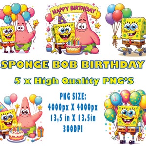 Bob and Patrick Birthday x 5 Bundle PNG - Birthday T-shirt design PNG, Party decor, Happy Birthday card, Cake topper, invitation, gift bag.