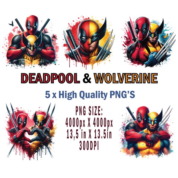 Deadpool and Wolverine x 5 Bundle PNG, Tee shirt Design PNG, Popular PNG, Trending T-shirt Design, Trendy Decor, Wall Art, Sublimation.