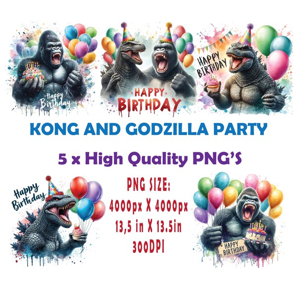 Kong and Godzilla Birthday x 5 Bundle PNG - Kong T-shirt design, Kong Party, Birthday Boy, Cake topper, party decor, invitation, card png.