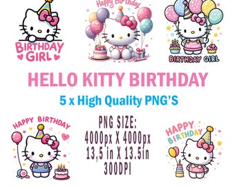 Kitty Birthday Girl x 5 Bundle PNG - Birthday T-shirt design PNG, Girly Party, Happy Birthday Girl, invitation, cake topper, birthday card.