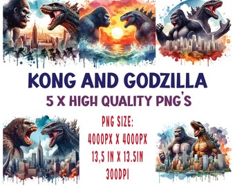 Godzilla and Kong x 5 Bundle – Godzilla and Kong 2024 PNG, T-shirt design, Godzilla x Kong, Sublimation, Monsterverse Titans, Kaiju PNG.