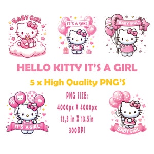 Kitty It's a Girl x 5 Bundle PNG -Baby Girl, T-shirt design, Stork Party, Baby Shower, Gender Reveal, Gift Bag, Card Design, cake topper