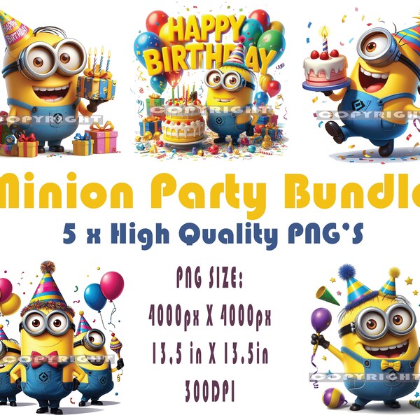 Minions verjaardagsfeestje 5 x bundel PNG Minion t-shirtontwerp, taarttopper, verjaardagskaart, uitnodiging, feestdecor, cadeauzakje, populaire png