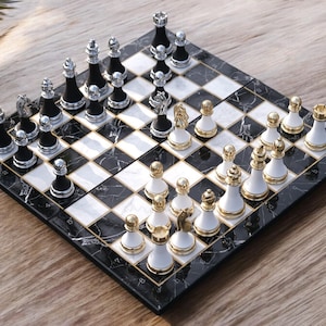 Premium Chess Set, Marble Patterned Chess Set, Unique Metal and Plexy Chess Pieces, Chess Board, Chess Set Handmade, Metal Chess Figures