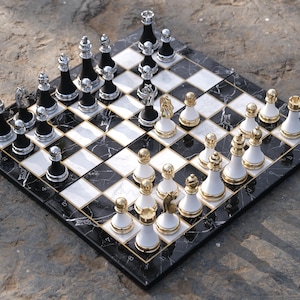 Chess Set Handmade,Marble Patterned Chess Set, Premium Chess Set,Unique Metal and Plexy Chess Pieces,Metal Chess Figures, Chess Board