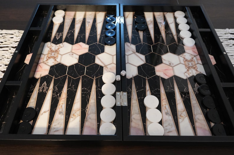 Modern Backgammon Marble Backgammon Set - Modern Board Game With Black and White Stones ...