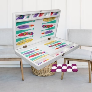 Feather Patterned Leather Covered Backgammon Set, Premium Personalized Leather Backgammon Set, Gift For Father, Valentines Day Gift