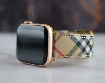 Luxury Apple Watch Band Series 9 8 7 6 5 Band 38mm 40mm 41mm 42 mm 44mm 45mm, Women Classic Camel Plaid Authentic Watch Band Series