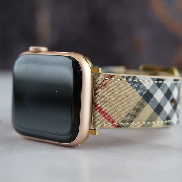 Luxury Apple Watch Band Series 9 8 7 6 5 Band 38mm 40mm 41mm 42 mm 44mm 45mm, Women Classic Camel Plaid Authentic Watch Band Series