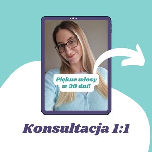 Puede incluir: Una pantalla de tableta que muestra a una mujer con cabello rubio y gafas. El texto en la pantalla dice "Piękne włosy w 30 dni!" y el texto debajo de la tableta dice "Konsultacja 1:1".