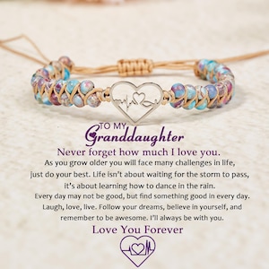 To My Granddaughter/Daughter Bracelet,Heart Shaped Beaded Natural Stone Bracelet,Adjustable Handmade Bracelet,Birthday Gift,Christmas Gift