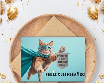funny printable birthday card, instant download flying cat birthday card, humor, cat image, for her, him