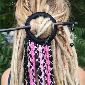 Bohemian Black and Pink Dreadlock Hair Jewelry - Handcrafted Tribal Dreadcuff