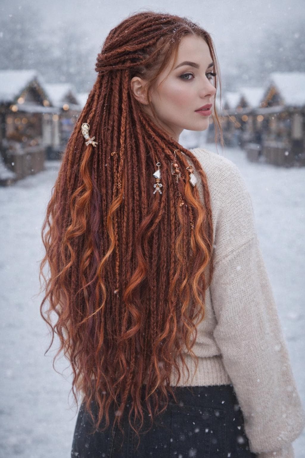 Auburn Copper DE Dreadlock Extensions with Curl Accents, Mixed Texture Dreads