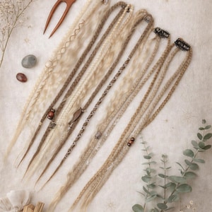 May include: An assortment of dreadlock extensions in various shades of blonde and brown, some with decorative beads and accents. A wooden hair fork and sprigs of greenery and dried flowers are also present, suggesting a bohemian or natural aesthetic.