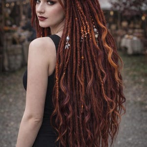 May include: A woman with long, reddish-brown dreadlocks, decorated with beads and charms. The dreadlocks flow down the back, with some strands styled into loose waves. She wears a black sleeveless dress.