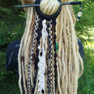 Handmade Black and White Tribal Dreadlock Hair Ring Barette - Unique Dreadcuff