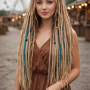 70cm Blond Double Ended Dreadlock Extensions with Teal Accents – Long Synthetic Boho Dreads