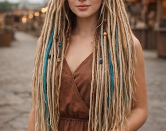 70cm Blond Double Ended Dreadlock Extensions with Teal Accents – Long Synthetic Boho Dreads