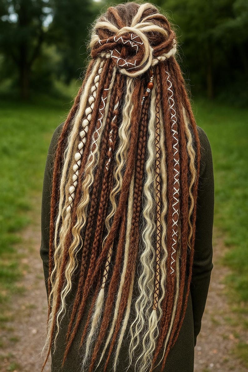 Op de afbeelding: Lang, gestyled dreadlocks in bruin- en blondtinten, met vlechten, wikkelingen en decoratieve elementen. De persoon draagt een donkergroene top. De achtergrond is een vage groene landschap.