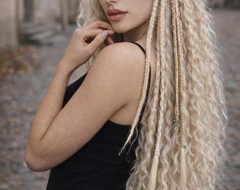 Blonde Curly Dread Extensions – Handmade Boho Synthetic Hair Set