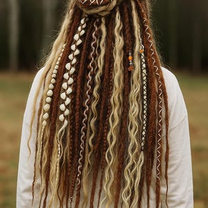 Op de afbeelding: Achteraanzicht van een persoon met lange, bruine en blonde dreadlocks, gestyled in een knot. De dreadlocks zijn versierd met witte kralen, oranje kralen en witte draad. De persoon draagt een wit shirt met lange mouwen.