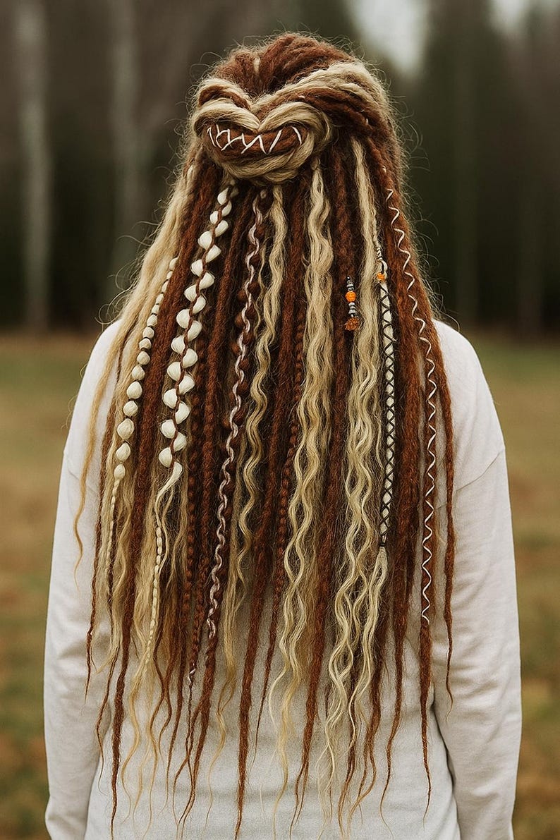 Op de afbeelding: Achteraanzicht van een persoon met lange, bruine en blonde dreadlocks, gestyled in een knot. De dreadlocks zijn versierd met witte kralen, oranje kralen en witte draad. De persoon draagt een wit shirt met lange mouwen.