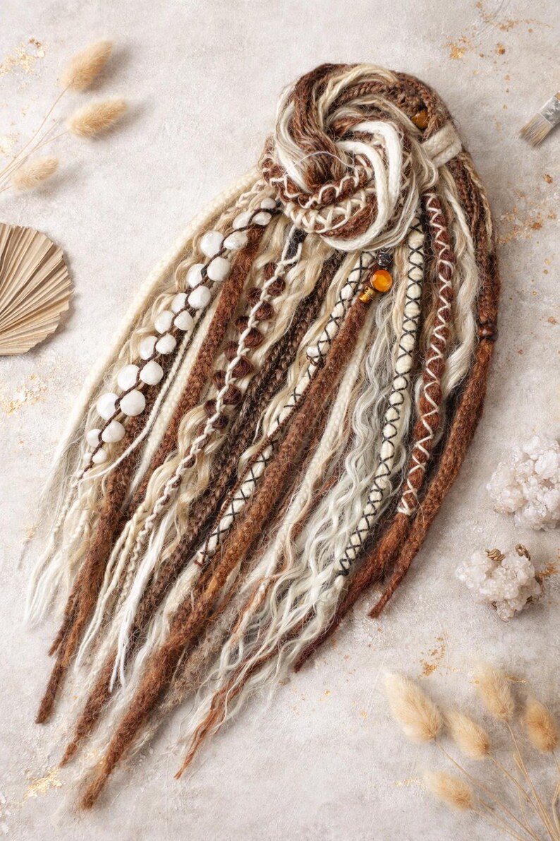 Op de afbeelding: Een verzameling bruine, witte en blonde dreadlocks, kunstzinnig gerangschikt. De dreads hebben verschillende texturen, waaronder glad, gevlochten en versierd met decoratieve elementen. Het kleurenpalet omvat bruintinten, beige en wit.