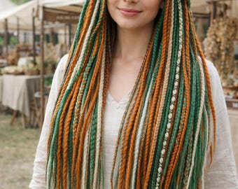 Set mit kupfergrünen und blonden Dreadlock-Extensions – Doppelseitige synthetische Dreads und Zöpfe