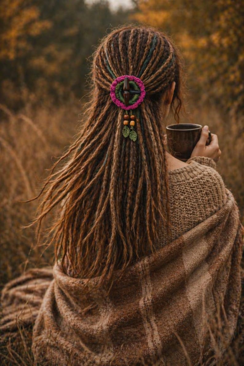 Pink Crochet Hair Cuff – Dreadlock Tie With Wooden Stick, Boho ...