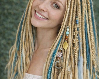 Dirty Blonde and Blue Dreadlock Extensions - Double Ended Synthetic Dreads