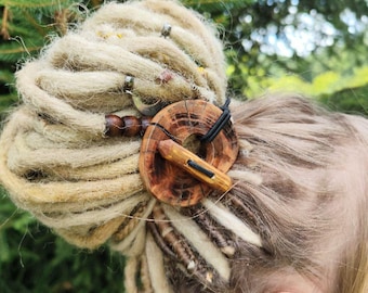 Handcrafted Wood Dreadlock Tie with Rubber Band Button and Stick