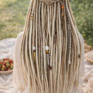 Op de afbeelding: Achteraanzicht van een persoon met lange, blonde en bruine dreadlocks, versierd met decoratieve kralen en bedels. Het haar is gestyled met een gevlochten bovendeel. De persoon draagt een lichtgekleurde top en een kom met aardbeien is zichtbaar.