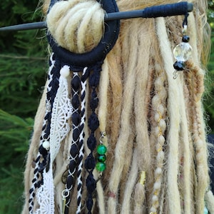 Handmade Black and White Tribal Dreadlock Hair Ring Barette - Unique Dreadcuff