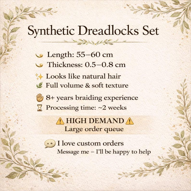 Op de afbeelding: Synthetische dreadlocks set, 55-60 cm lang en 0,5-0,8 cm dik. De tekst beschrijft een natuurlijke uitstraling, vol volume en zachte textuur. De verwerkingstijd is ongeveer 2 weken.