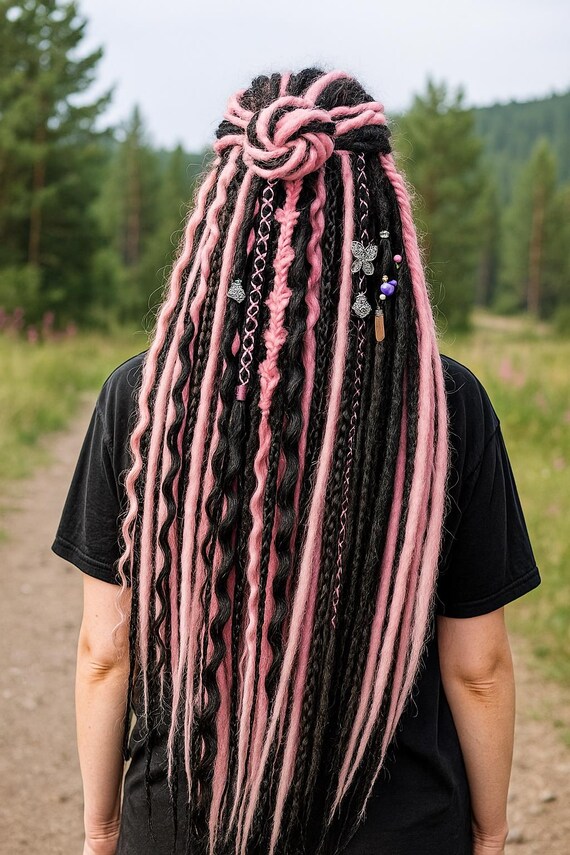 Pink & Black Crochet Dreadlock Extensions: Boho Synthetic  display picture 3