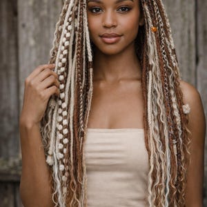 Op de afbeelding: Een vrouw met lang, gevlochten haar in tinten bruin, blond en cr&egrave;me. De vlechten zijn gestyled met verschillende texturen en patronen. Ze draagt een beige strapless top. De achtergrond is een verweerde houten muur.