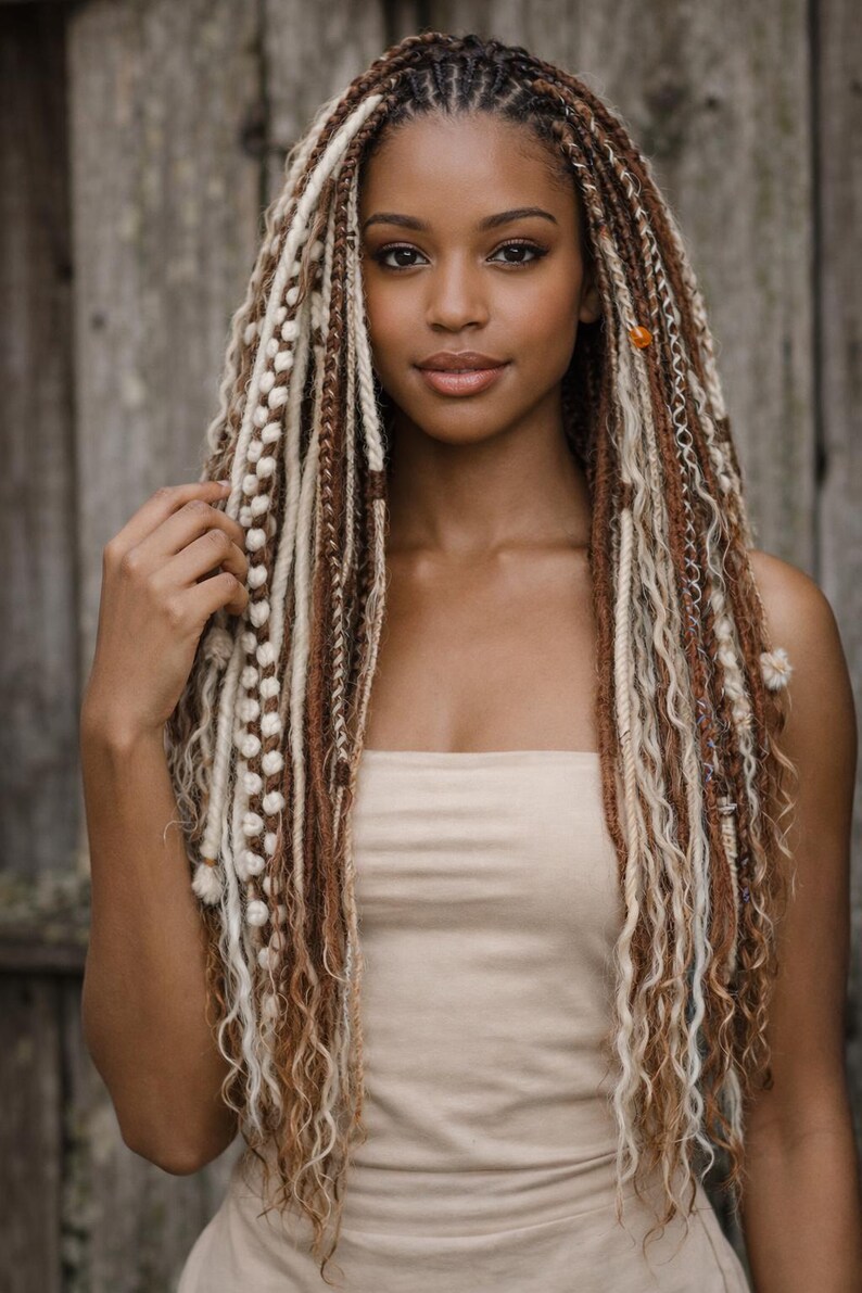Op de afbeelding: Een vrouw met lang, gevlochten haar in tinten bruin, blond en cr&egrave;me. De vlechten zijn gestyled met verschillende texturen en patronen. Ze draagt een beige strapless top. De achtergrond is een verweerde houten muur.