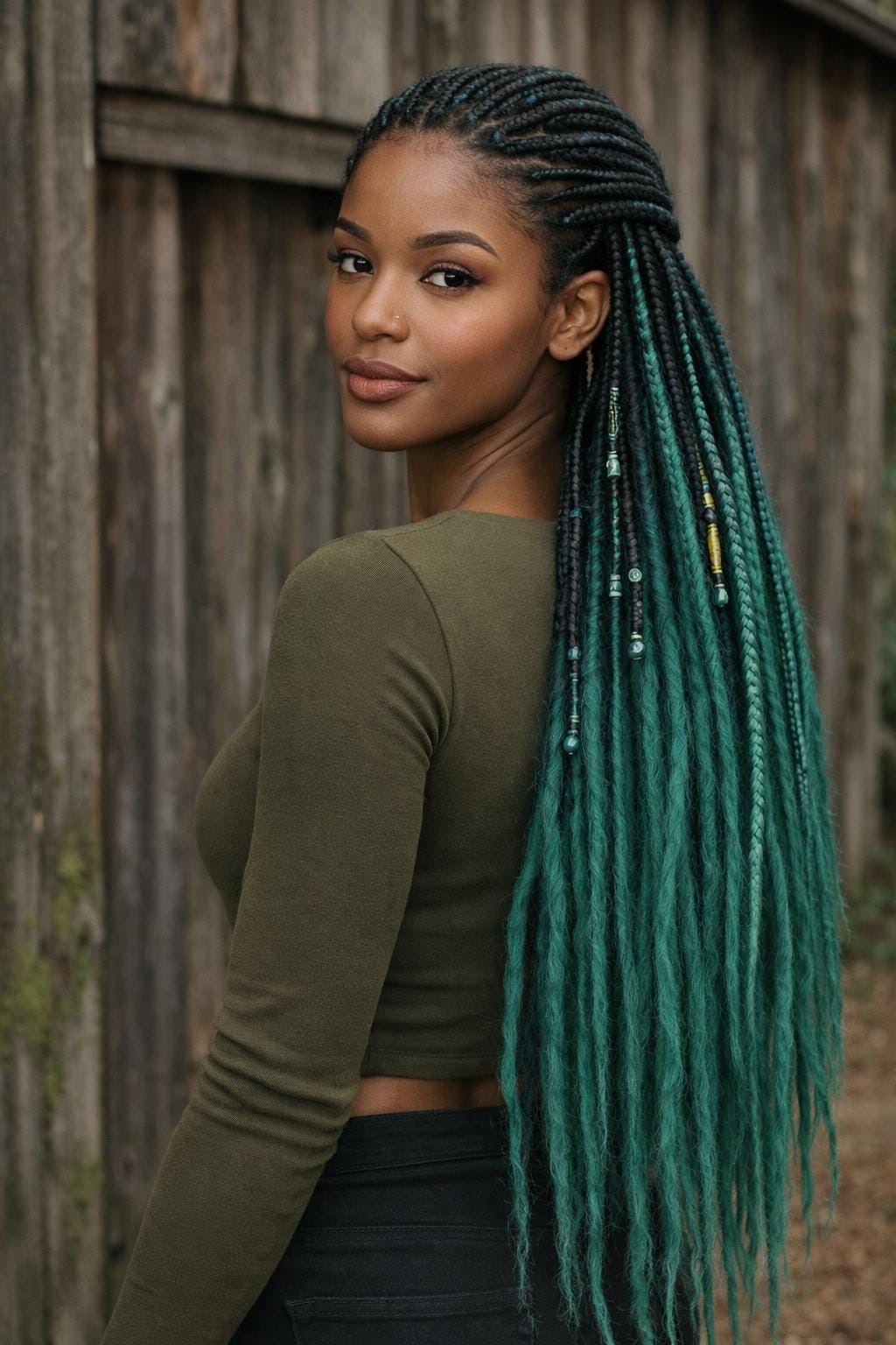 Knotty black green ombre dreadlocks with dread tie Forest Green & Black Ombre Dreads | Thin Fishtail Braids  main image 4