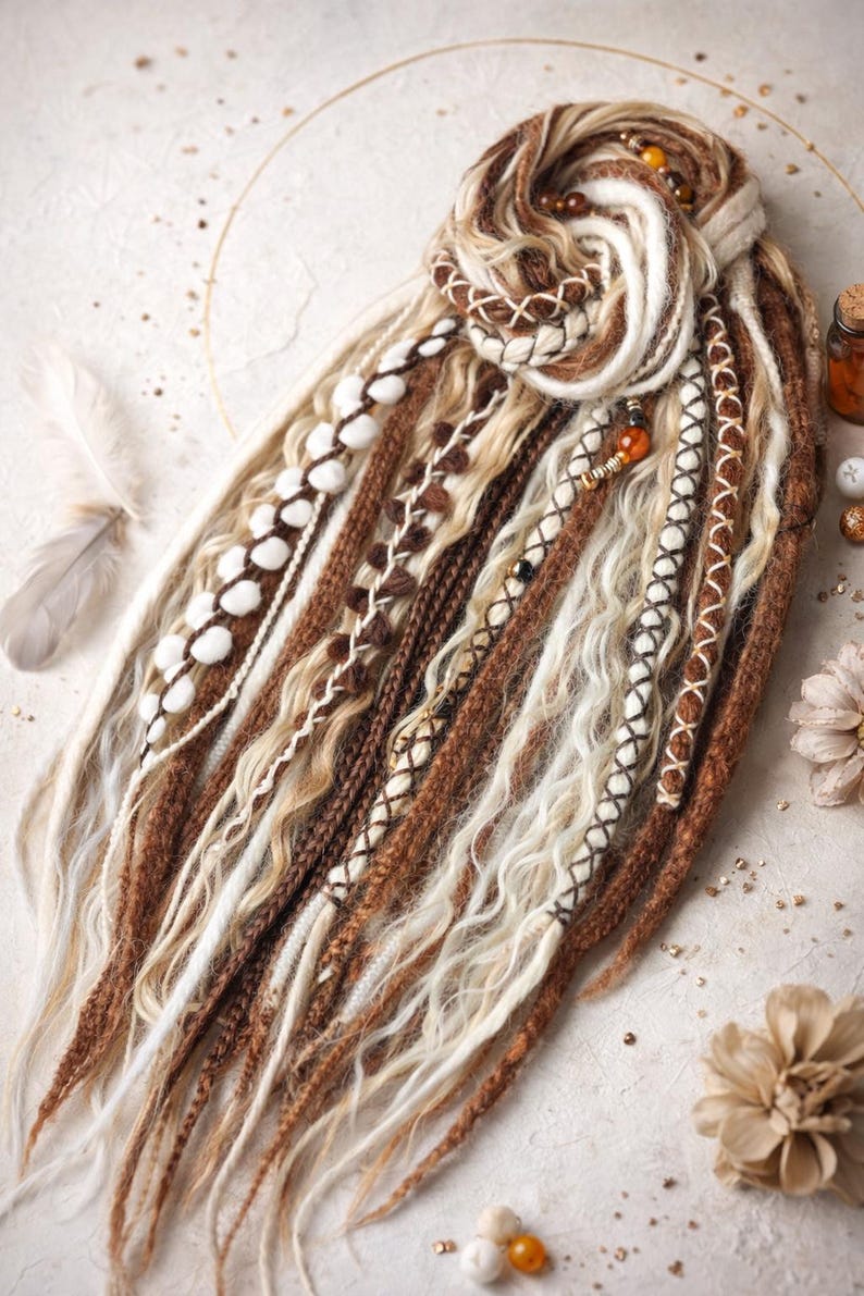 Op de afbeelding: Handgemaakte dreadlocks in bruin, beige en wit. De dreads zijn versierd met decoratieve stiksels, kralen en witte pompons. De opstelling is kunstzinnig vormgegeven, waarbij de ingewikkelde details van elke streng worden getoond.
