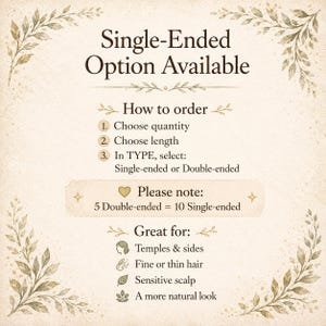 Op de afbeelding: Een beige afbeelding met de tekst "Single-Ended Option Available". Er staan instructies over hoe te bestellen, samen met een opmerking over opties met dubbele en enkele uiteinden. De afbeelding geeft ook aan waar het product geschikt voor is.