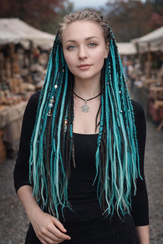 Teal and Black Dreadlock Extensions – Synthetic Split  display picture 2